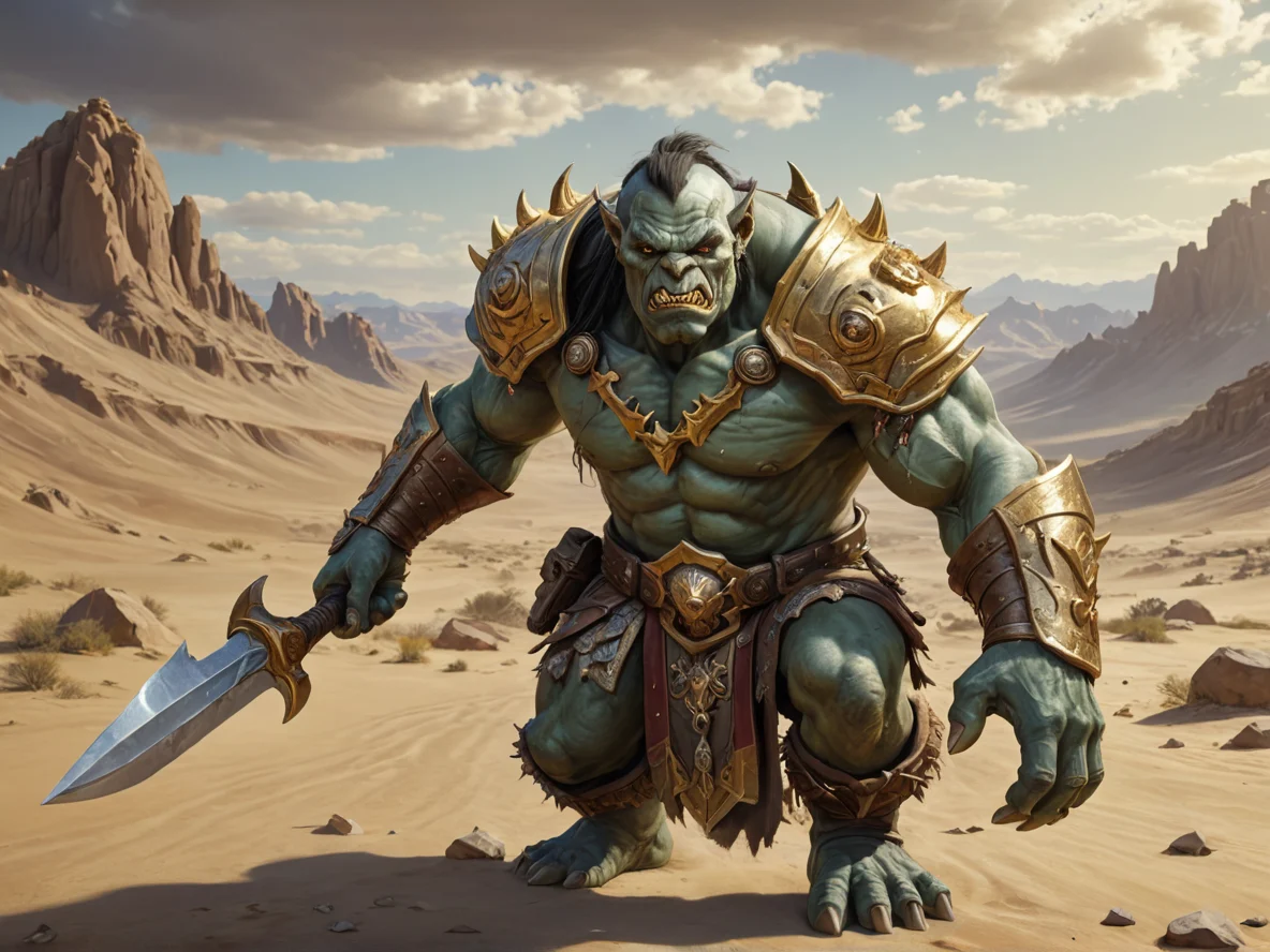 Resourceful (Orc:1.1), Spellbreaker, Skin resembling polished marble veined with gold, dynamic angle, desert plateau, weak