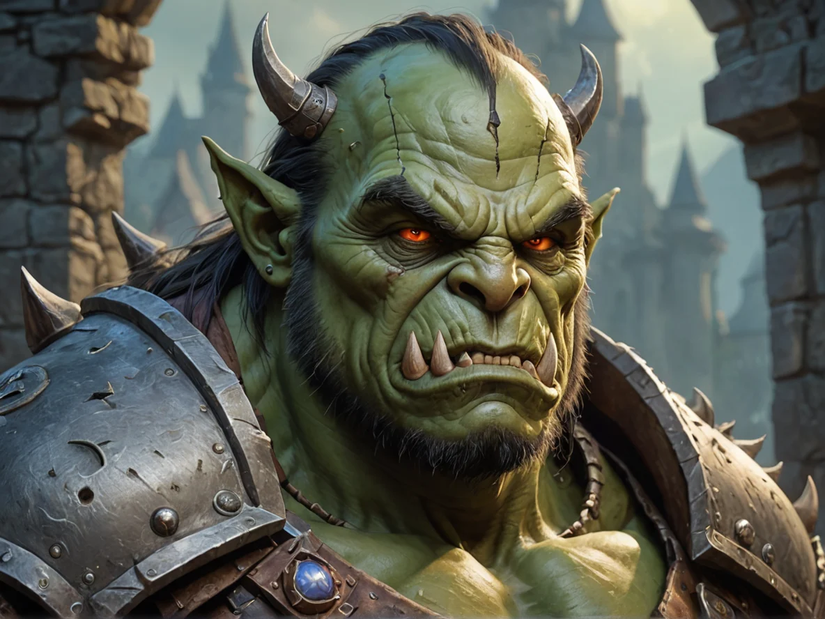 Deceptive (Orc:1.1), Sentinel, Gemstone embedded in the forehead, close-up portrait, castle ruins, weak