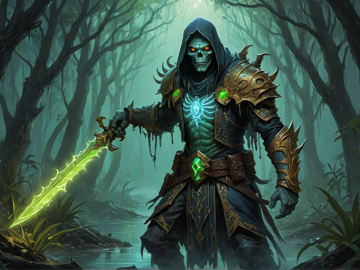 Mist-shrouded (Undead:1.1), Necromancer, Drawing a glowing blade from an empty scabbard, medium close-up, mangrove swamp, weak