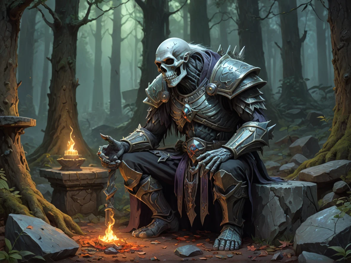 Soulscarred (Undead:1.1), Bone Warden, In a forest shrine, kneeling before a stone altar, three-quarter view, crystal mine, weak