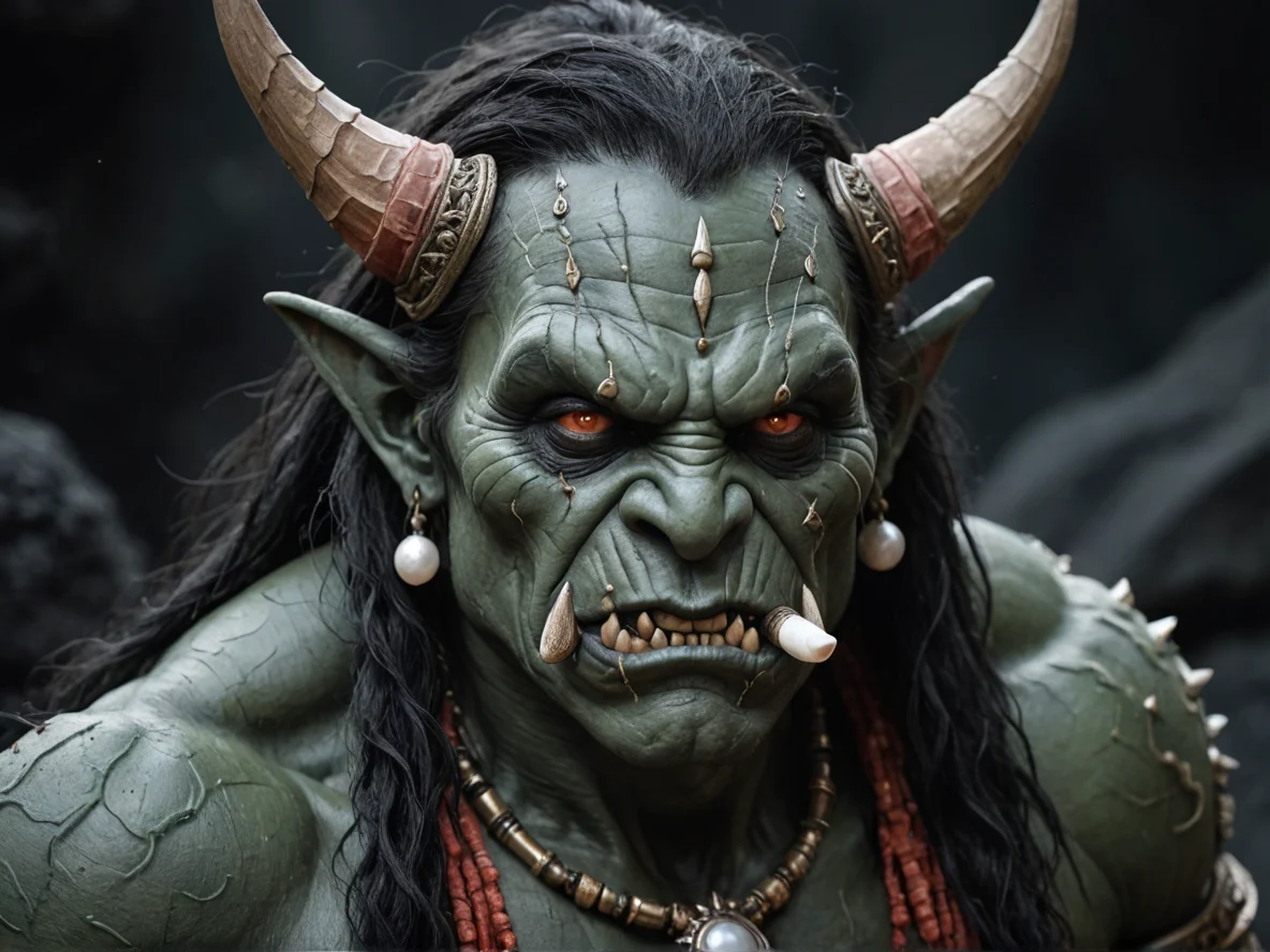 Altruistic (Orc:1.1), Witch, A wand carved from coral and tipped with a pearl, close-up portrait, black sand desert, weak