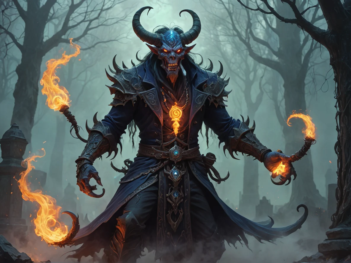 Dawnlit (Demon:1.1), Occultist, A long tail made entirely of swirling smoke, three-quarter view, foggy graveyard, weak