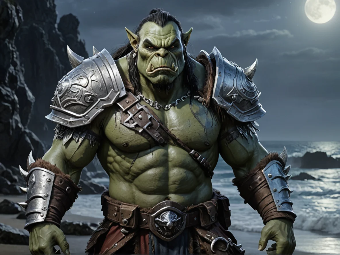 Tideborn (Orc:1.1), Bounty Hunter, Armor inlaid with thin lines of moonlit silver, waist-up shot, rocky coast, weak