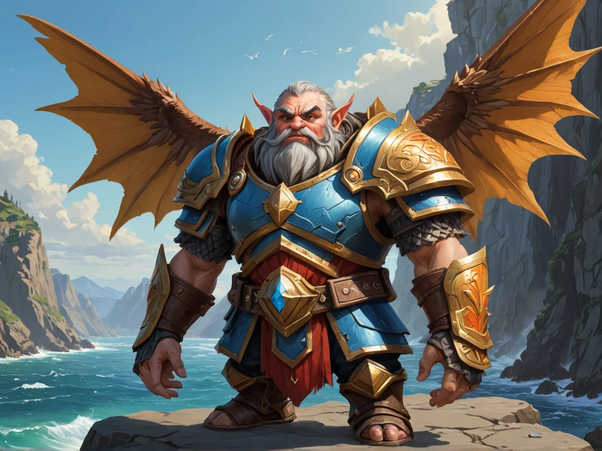 Inquisitive (Dwarf:1.1), Warden, Shoulder armor shaped like folded wings, dynamic angle, sea cliffs, weak