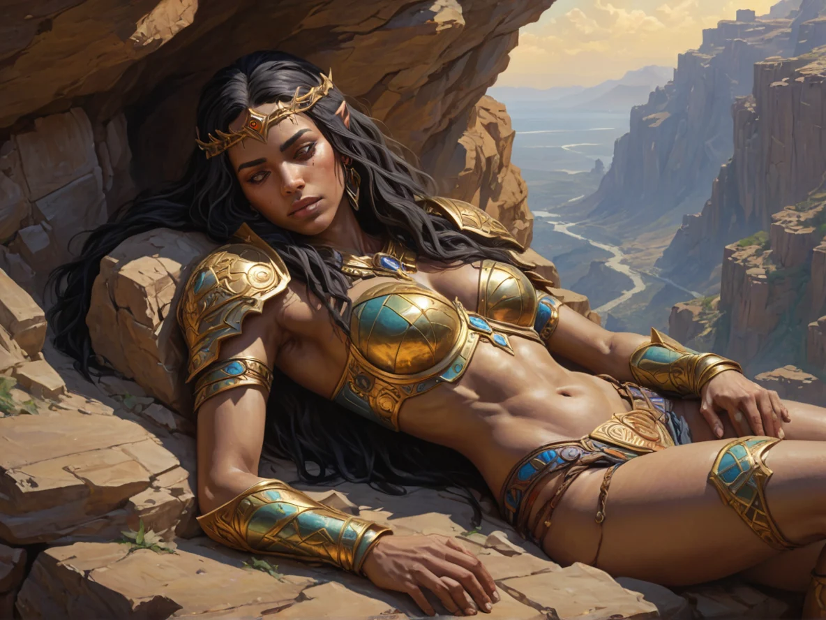 Arcane Human female, North African, Paladin, On a cliff carved into the likeness of a sleeping titan, close-up portrait, abandoned mine, weak