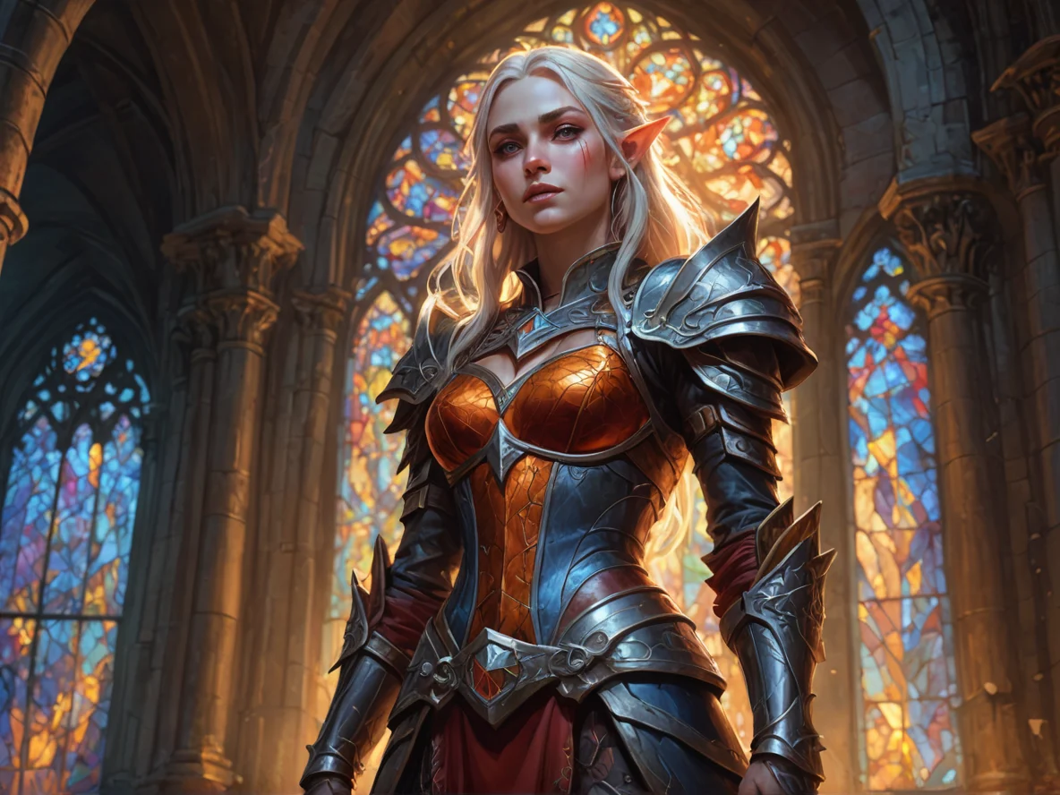 Emberborn (Elf:1.1), Warden, Standing in a ruined cathedral, light filtering through broken stained glass, waist-up shot, weak