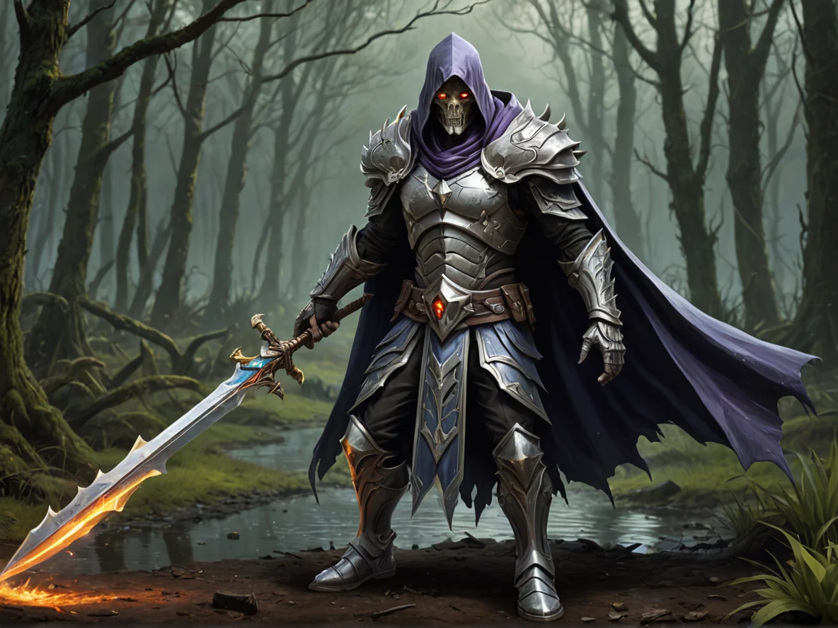 Swift (Undead:1.1), Hexblade, Silver cape flowing in the wind, full-body shot, dark swamp, weak