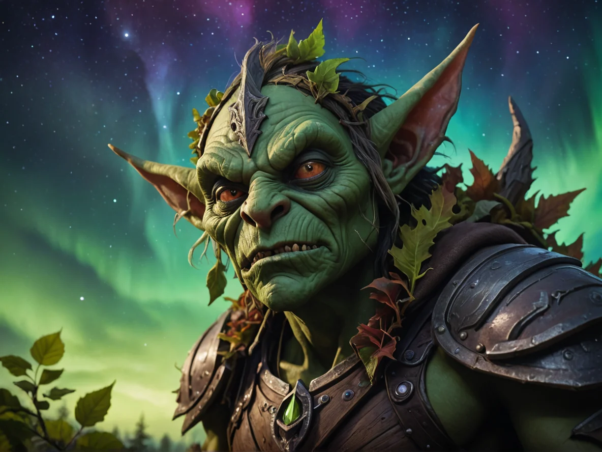 Celestial (Goblin:1.1), Hunter, A mask of dark wood sprouting fresh leaves, low angle shot, aurora sky, weak