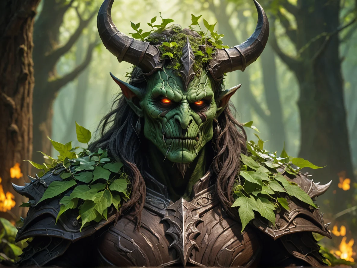 Stealthy (Demon:1.1), Blightbringer, A mask of dark wood sprouting fresh leaves, medium close-up, ancient throne room, weak