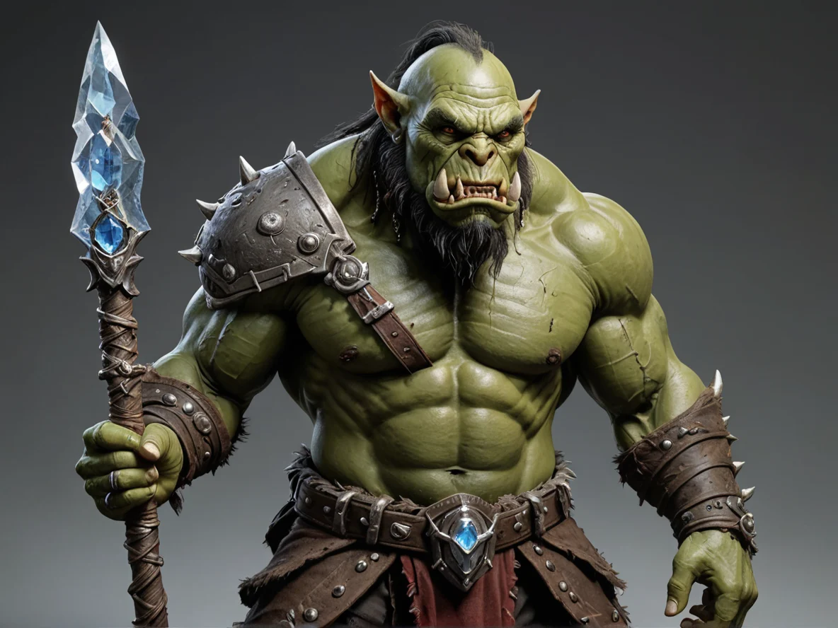 Dreadmarked (Orc:1.1), Sentinel, Staff made of pure crystal, three-quarter view, weak