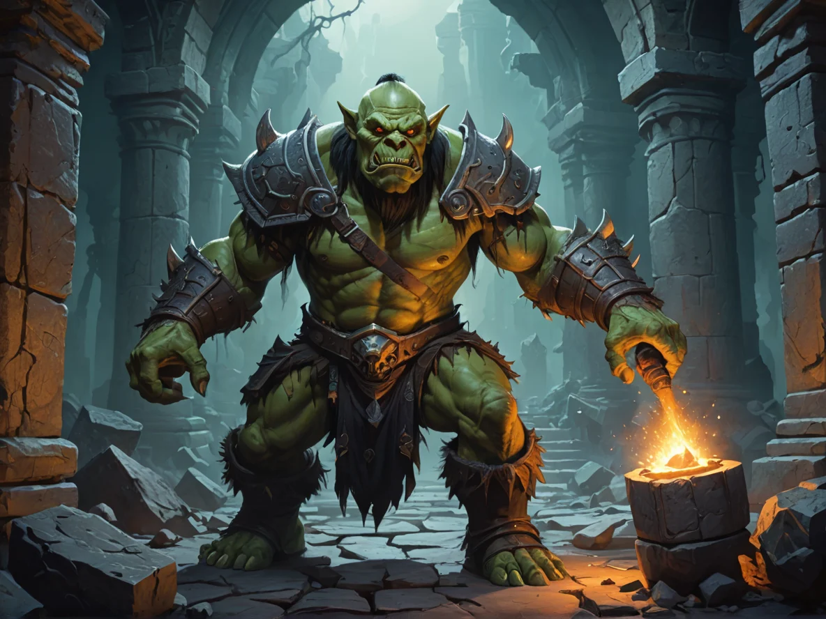 Ashen (Orc:1.1), Witch, Exploring the ruins of an ancient temple, dynamic angle, glowing cavern, weak