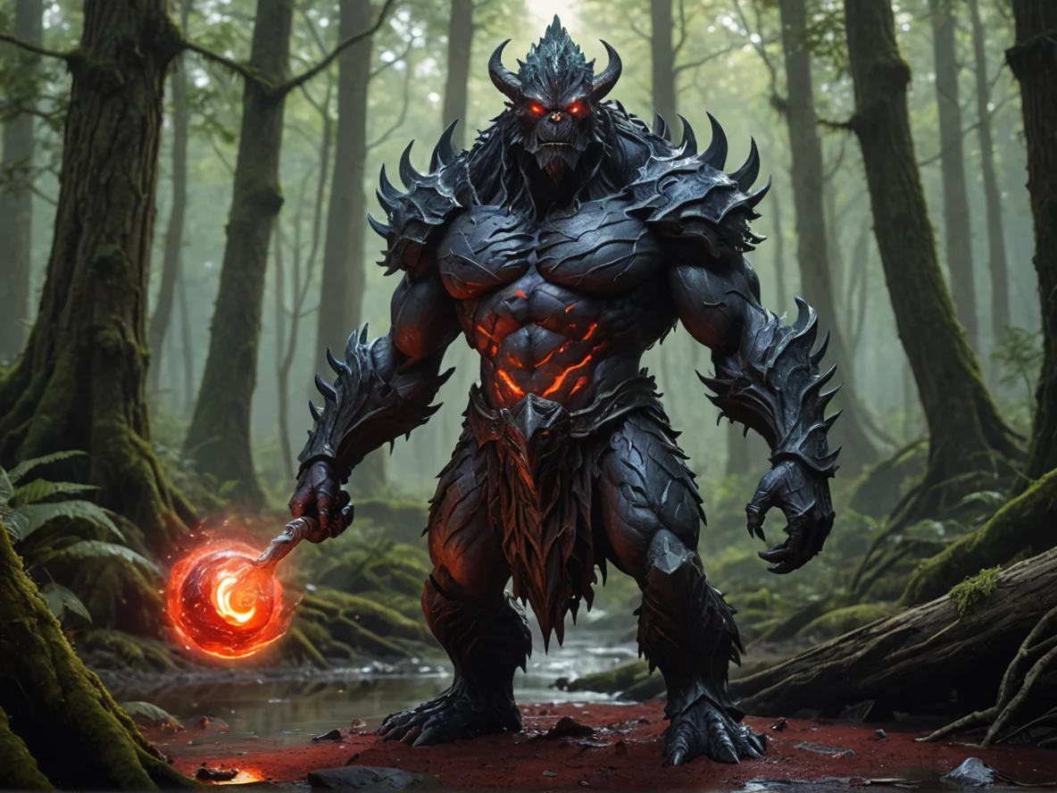 Stonebound (Earth Elemental:1.1), obsidian body, red mineral core, sharp slim silhouette, Giant spoon glowing with magic, waist-up shot, cypress swamp, weak