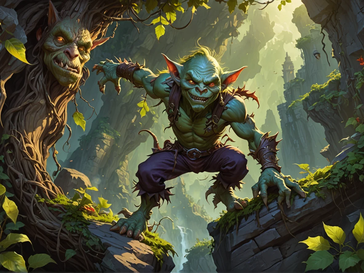 Soulscarred (Goblin:1.1), Illusionist, Clinging to cliff vines, dynamic angle, weak