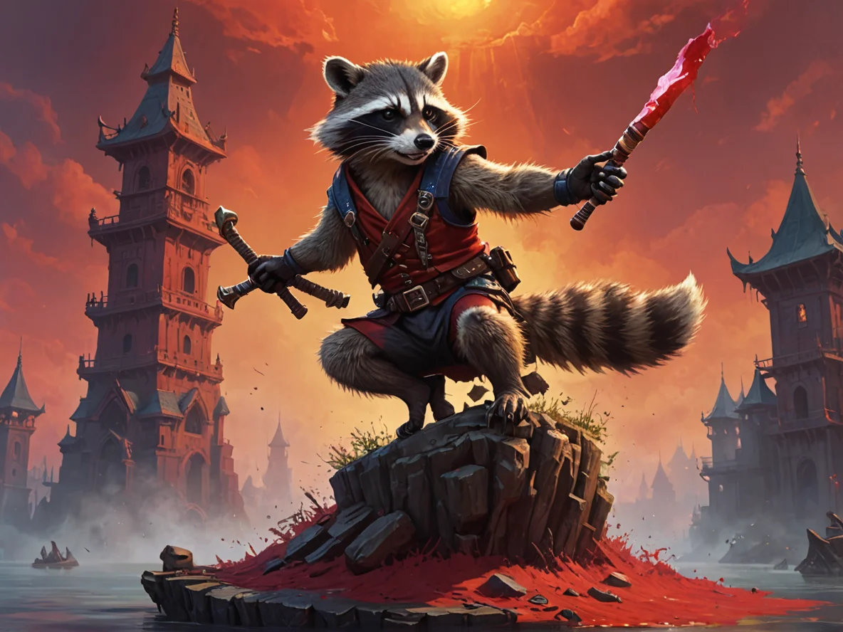 Arrogant (Raccoon:1.1), Duelling atop submerged tower, dynamic angle, red fog, weak
