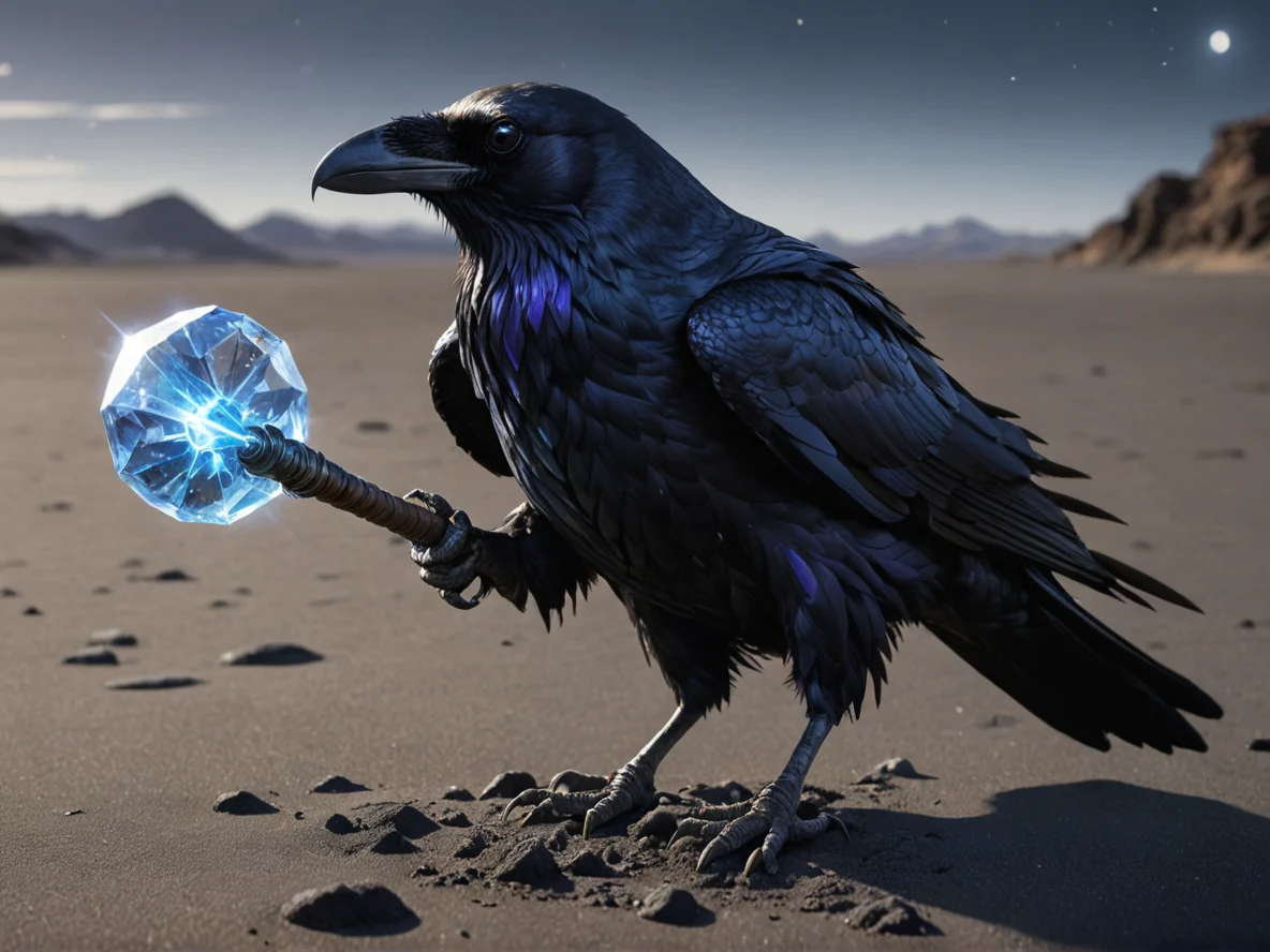 Thornbound (Raven:1.1), A flail ending in a luminous crystal comet, full-body shot, black sand desert, weak