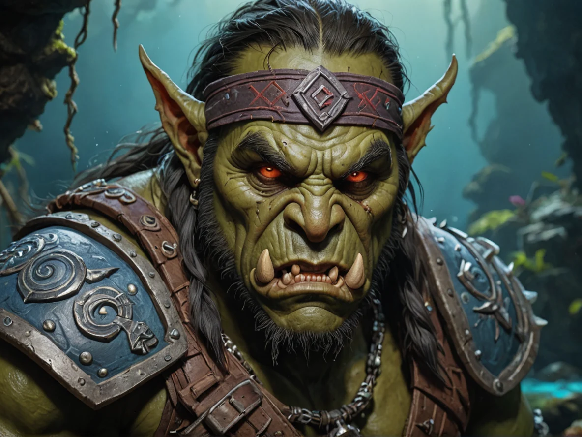 Rune-marked (Orc:1.1), Beastmaster, A blindfold embroidered with runes, medium close-up, underwater ruins, weak