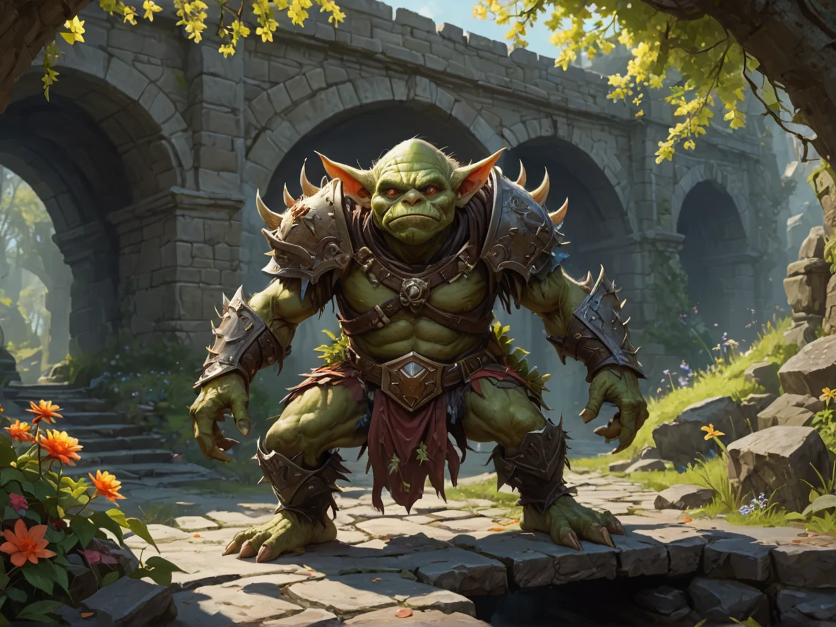 Fallen (Goblin:1.1), Bounty Hunter, A cuirass wrapped in flowering thorn branches, full-body shot, stone bridge, weak