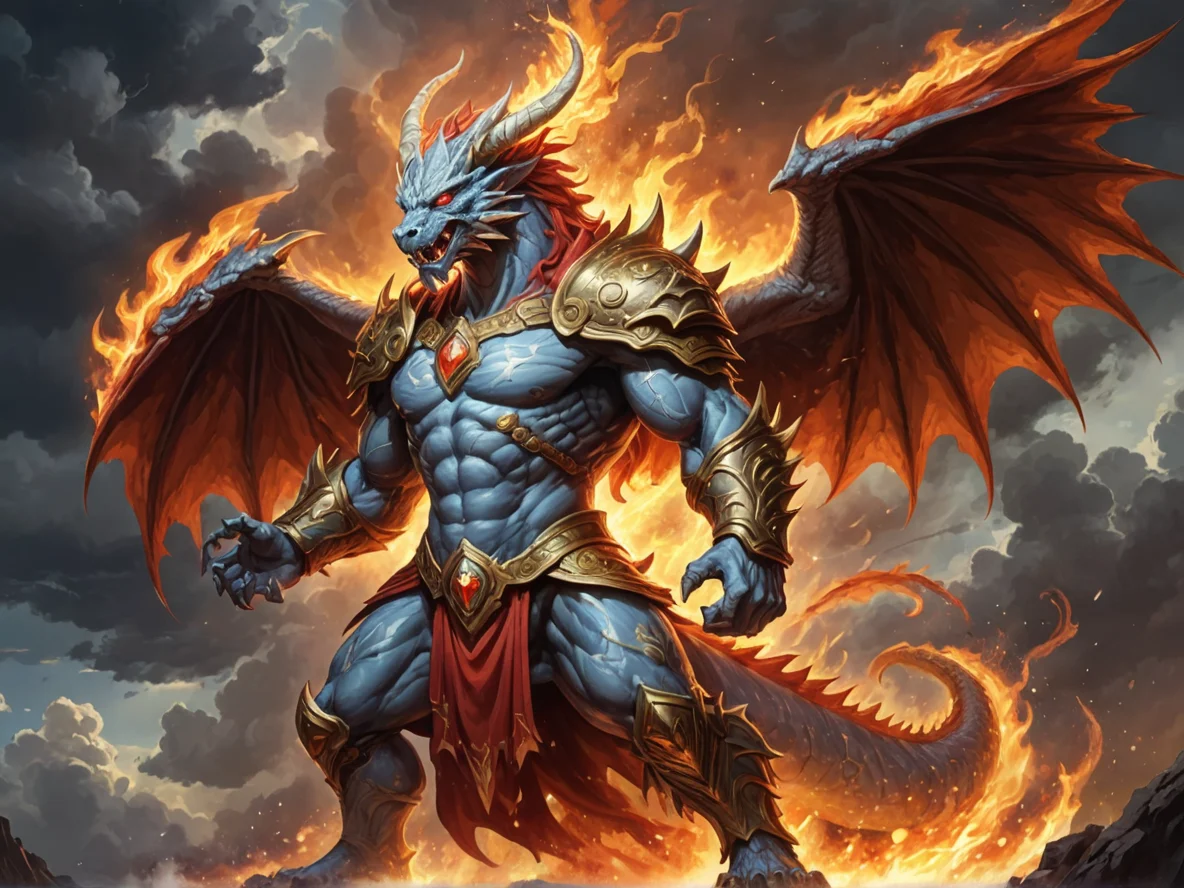 Stoic (Fire Elemental:1.1), white flame elemental, radiant heart, winged silhouette, Carries a shield with a dragon emblem, three-quarter view, storm clouds, weak