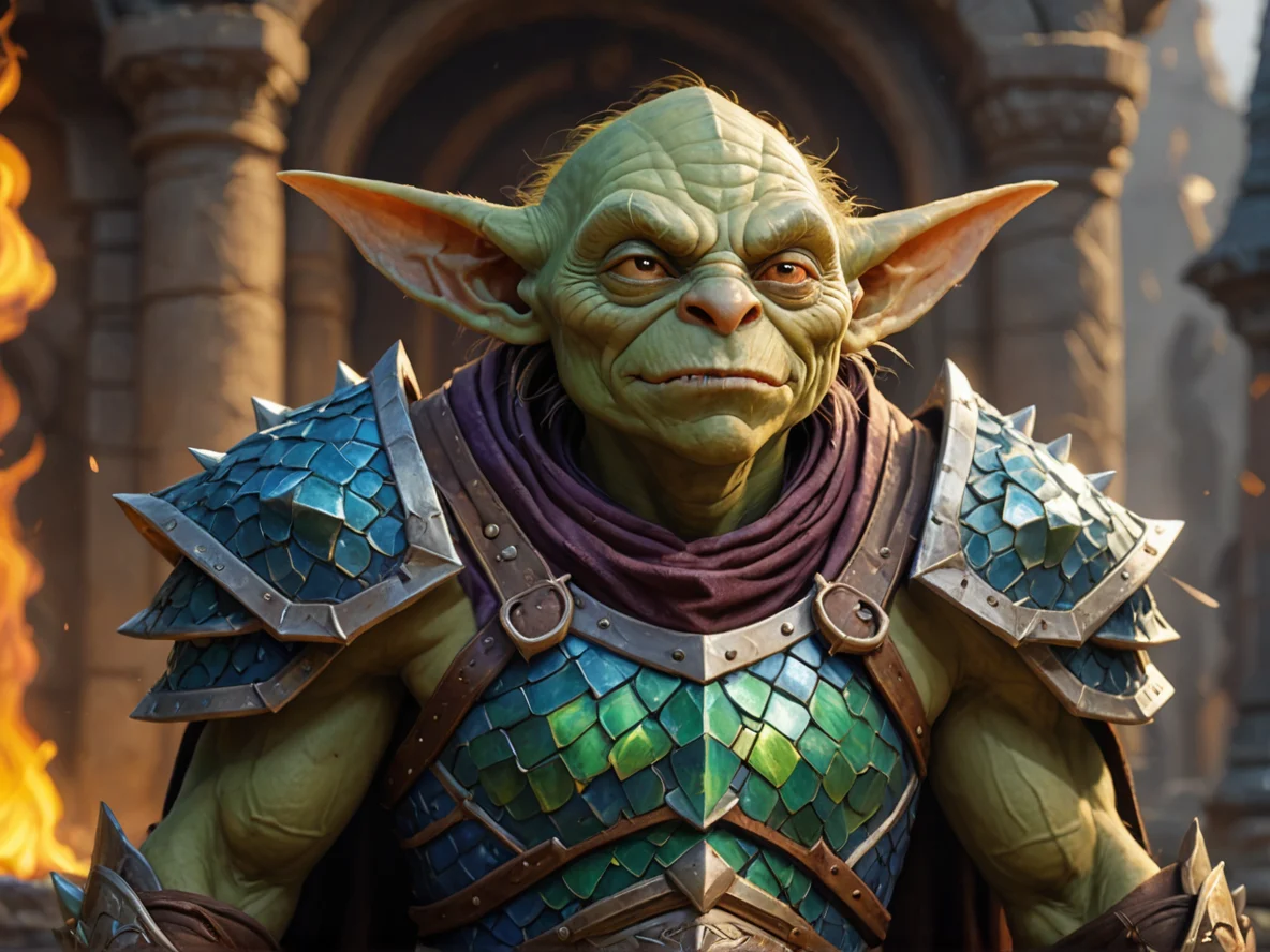 Resilient (Goblin:1.1), Warlock, Shield made from dragon scales, waist-up shot, ancient temple, weak