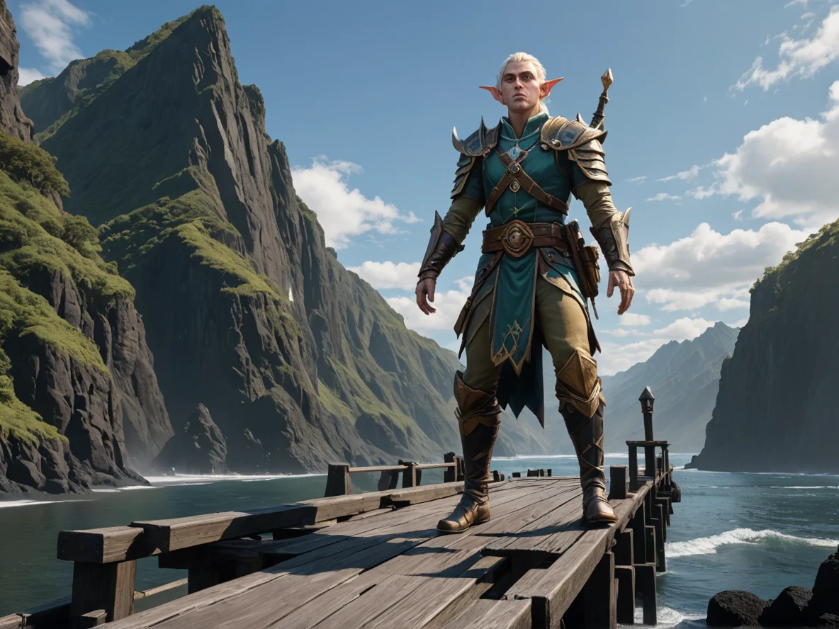Windscarred (Elf:1.1), Warden, On a bridge connecting two drifting mountain peaks, low angle shot, black sand beach, weak