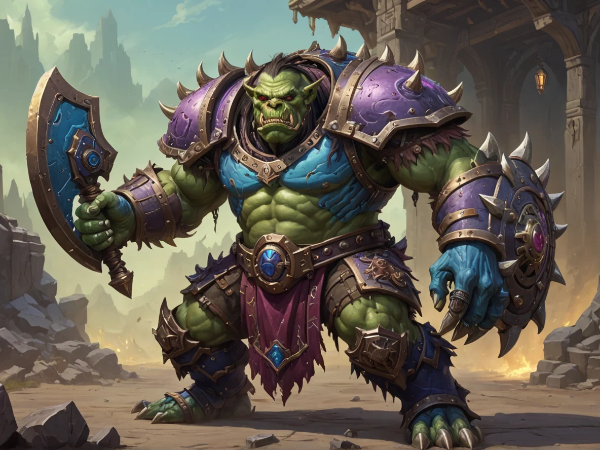 Voidborn (Orc:1.1), Spellbreaker, A shield rimmed with rotating bronze gears, full-body shot, weak