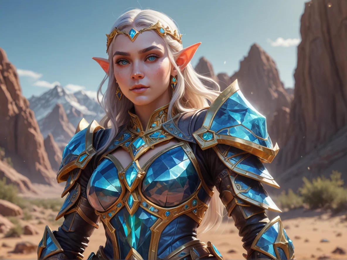 Optimistic (Elf:1.1), Witch, Armor adorned with magical gemstones, dynamic angle, crystal desert, weak