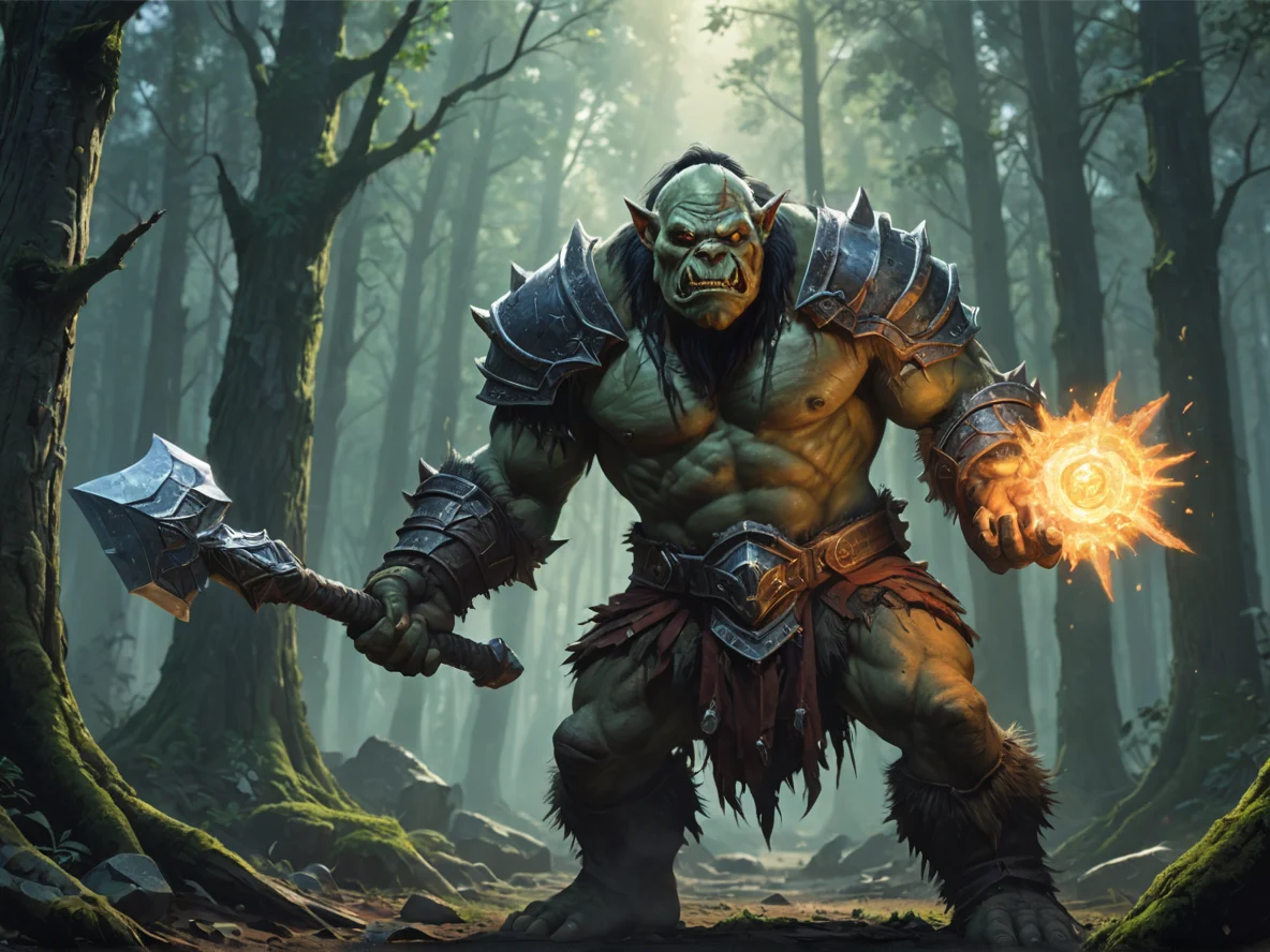 Ashen (Orc:1.1), Beastmaster, A flail ending in a luminous crystal comet, low angle shot, sacred grove, weak