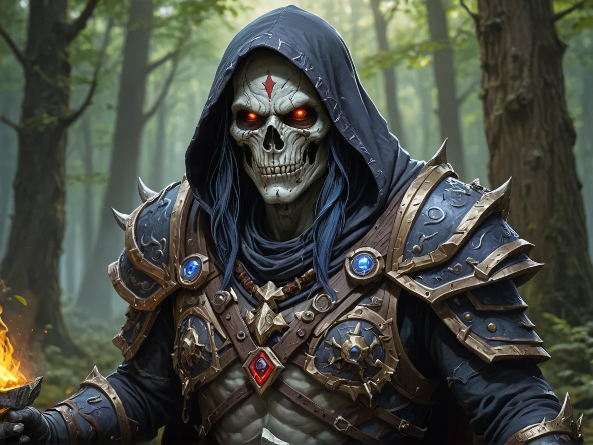 Stonebound (Undead:1.1), Assassin, Blade that absorbs the souls of the fallen, close-up portrait, forest shrine, weak