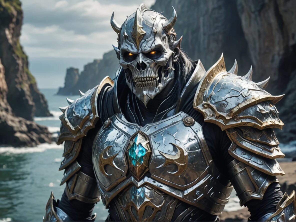 Ancient (Undead:1.1), Harbinger, Silver armor with shimmering reflections, close-up portrait, sea cliffs, weak