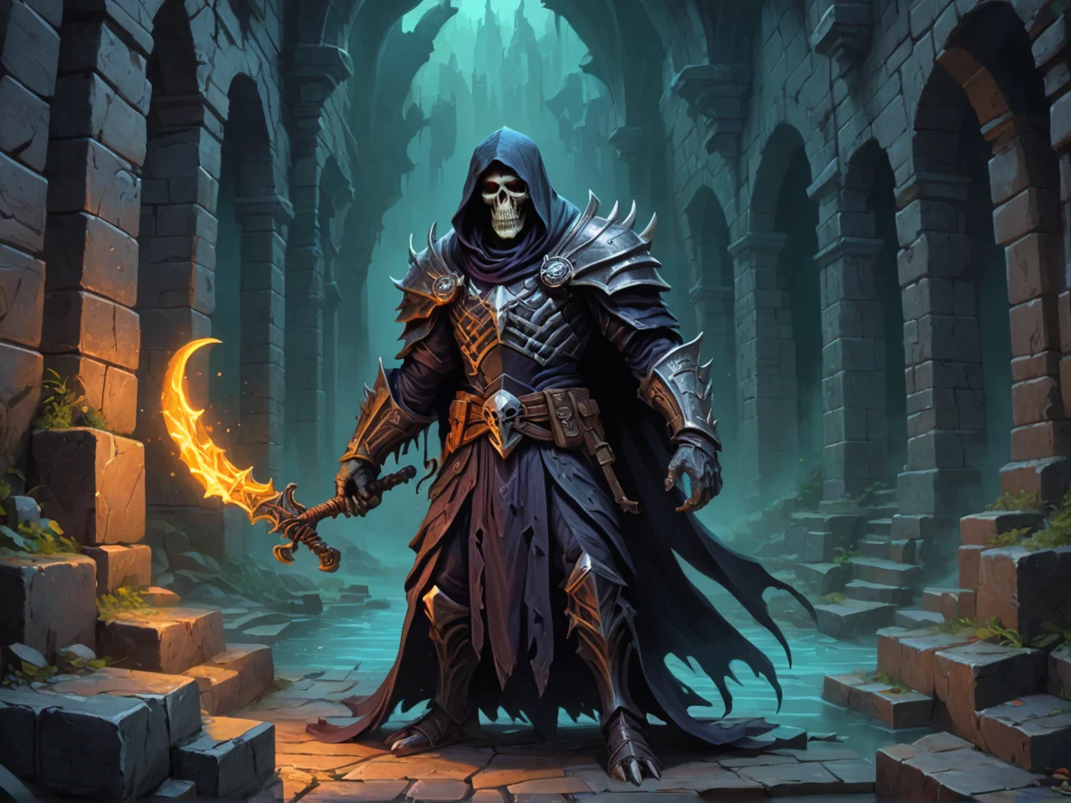 Nightbound (Undead:1.1), Reaper, In a maze of towering stone walls, three-quarter view, underground lake, weak