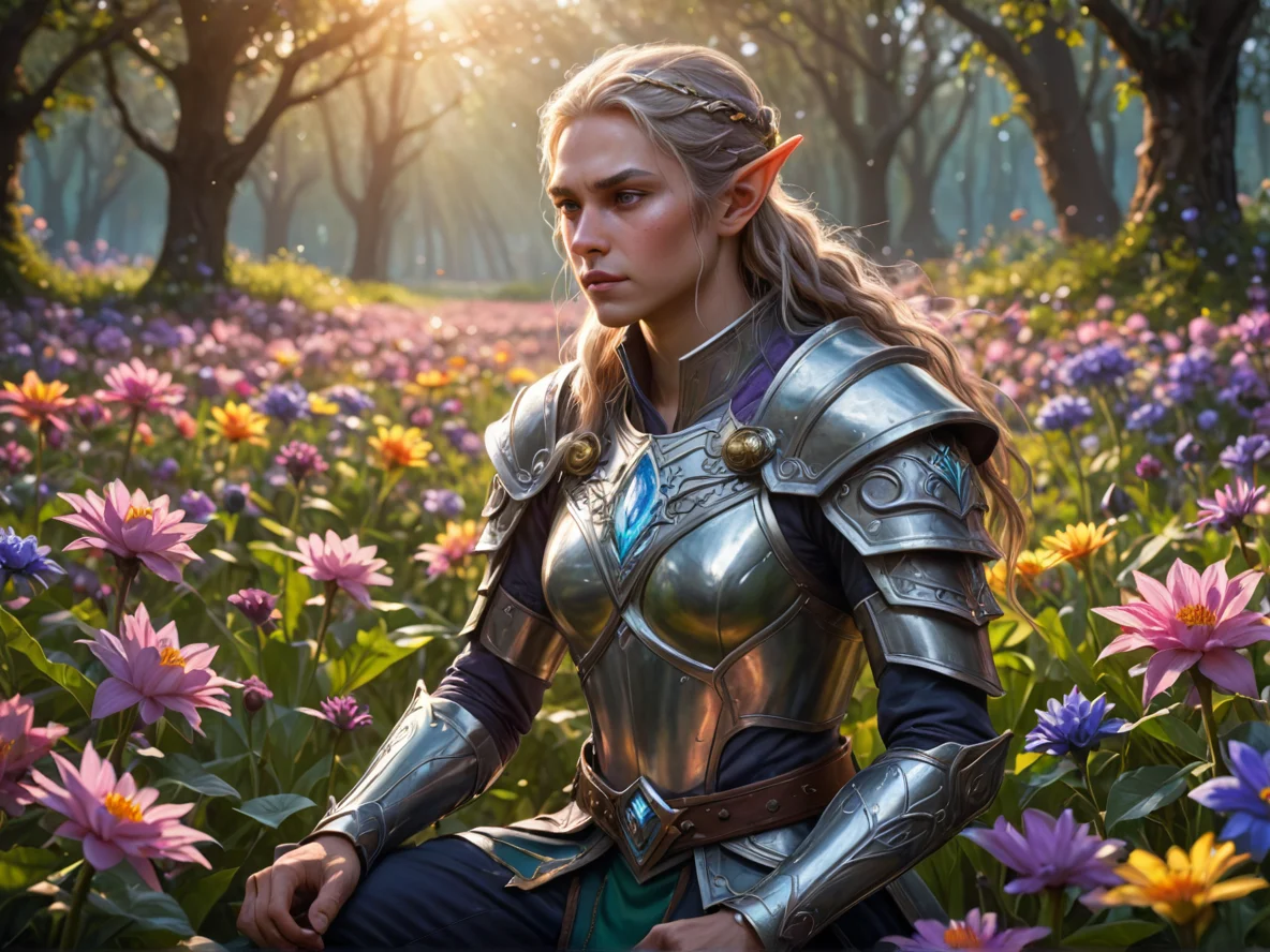 Steel-minded (Elf:1.1), Duelist, In a magical flower field, captivated by their glow, three-quarter view, weak