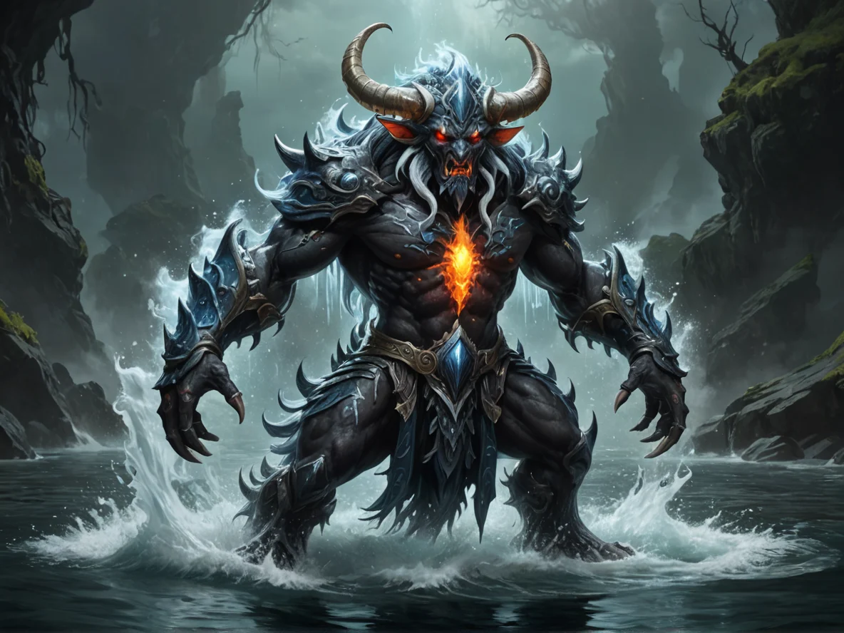 Emberborn (Water Elemental:1.1), black seawater body, white foam crest, graceful stance, Black horn in the middle of the forehead, medium close-up, weak