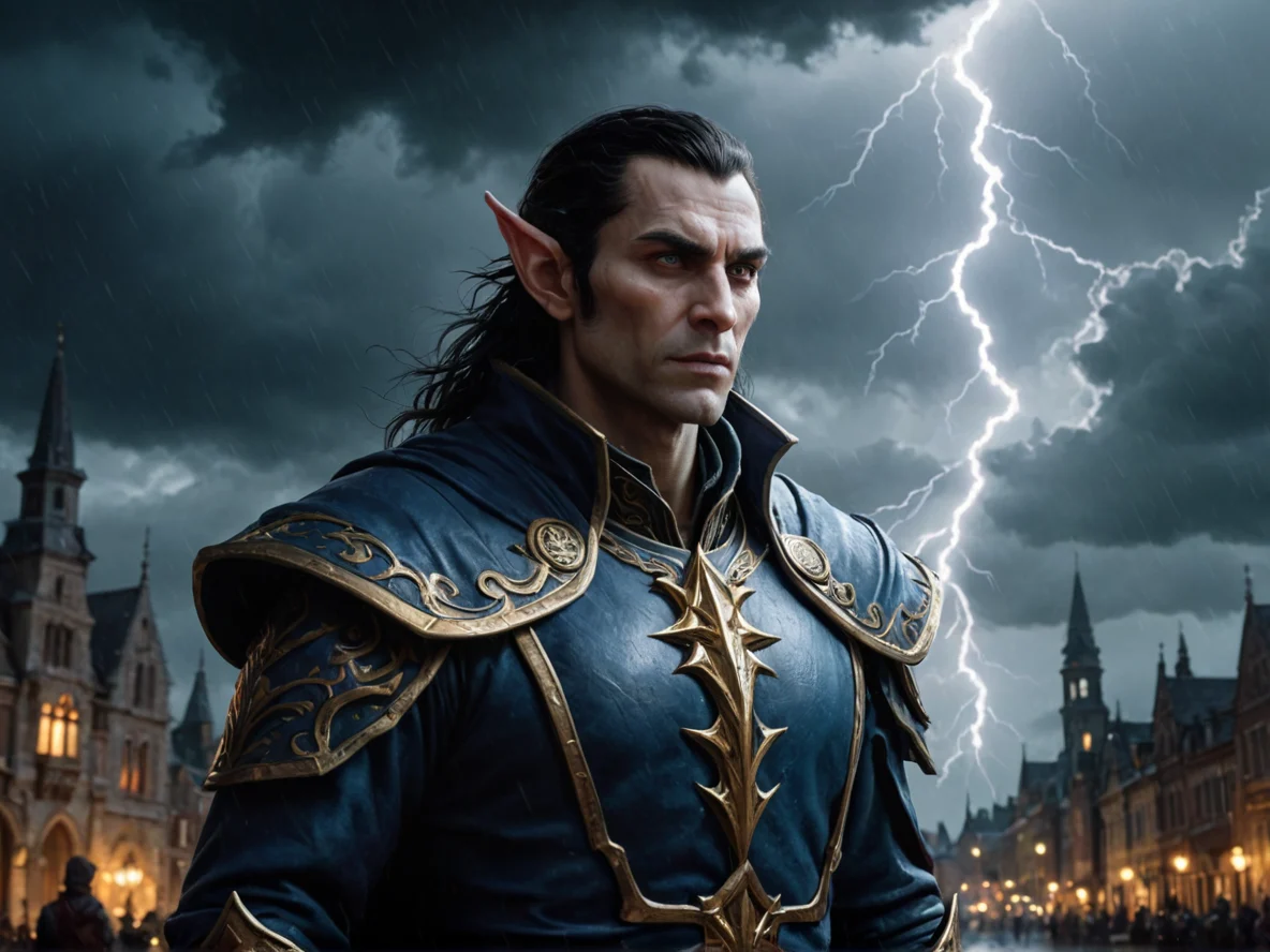 Sinister (Elf:1.1), Cleric, Under a stormy sky, lightning illuminating their silhouette, close-up portrait, canal city, weak