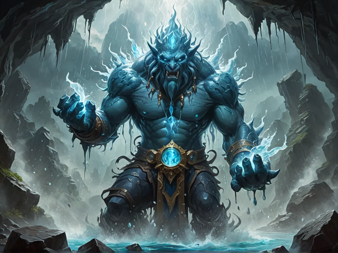 Resilient (Water Elemental:1.1), mist elemental, suspended droplets, faint silhouette, Tiny thunderheads gathering around clenched fists, close-up portrait, crystal mine, weak