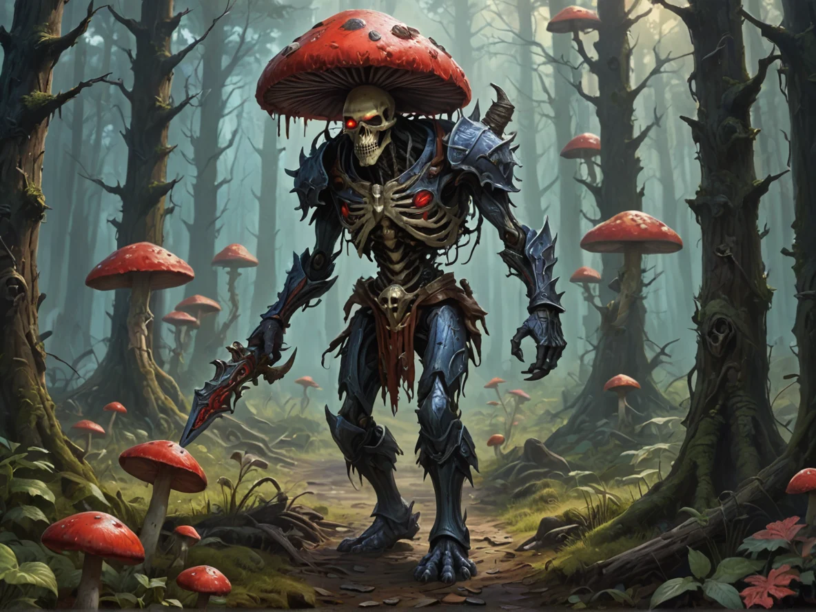 Rune-marked (Undead:1.1), Doom Herald, Walking through towering mushroom forest, medium close-up, dead forest, weak