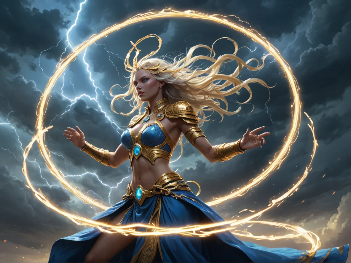Determined (Air Elemental:1.1), golden wind spirit, spinning rings, slender silhouette, A silver circlet trailing ribbons of blue light, waist-up shot, thunderstorm sky, weak