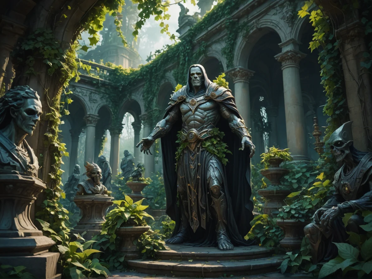 Stoic (Undead:1.1), Summoner, Inside a garden of statues overgrown with luminous ivy, low angle shot, alchemist laboratory, weak