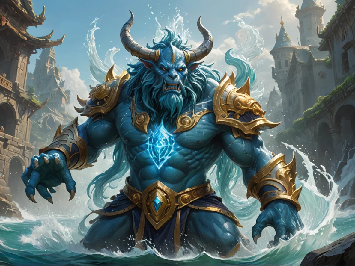 Wise (Water Elemental:1.1), translucent water body, wave limbs, tide core, streaming fins, A shield whose painted heraldry changes each moment, low angle shot, weak