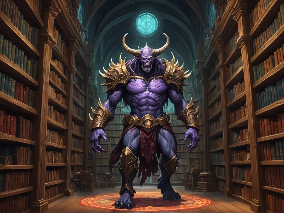Feral (Undead:1.1), Blightbringer, Within a library whose shelves rearrange themselves, dynamic angle, astral observatory, weak