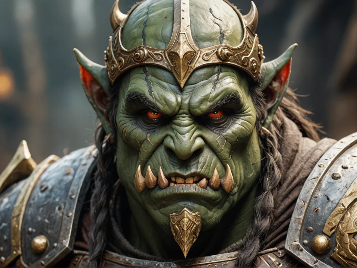 Gold-veined (Orc:1.1), Gladiator, Face covered by an iron mask, medium close-up, weak