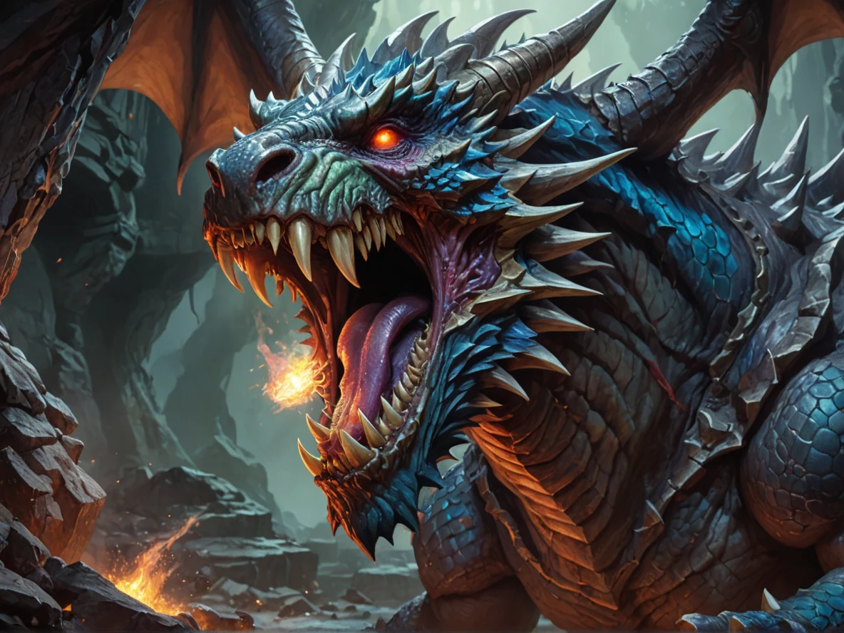 Scarred (Undead:1.1), Harbinger, At the mouth of a dragon's cave, heat shimmering in the air, three-quarter view, weak