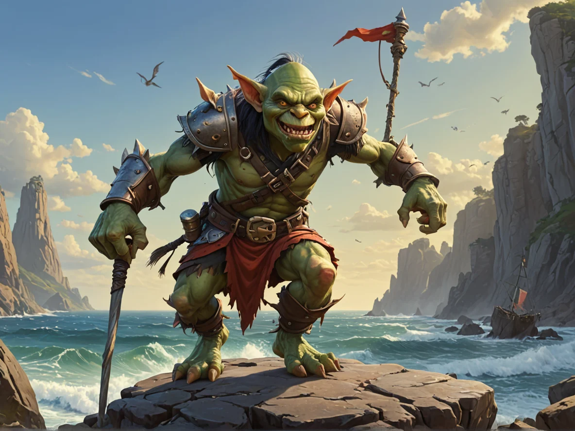 Ironclad (Goblin:1.1), Trickster, A banner pole strapped to their back, fluttering without wind, full-body shot, rocky coast, weak