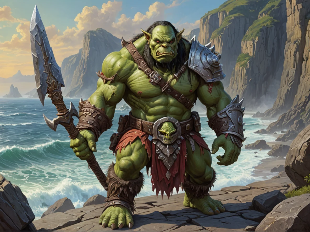Starforged (Orc:1.1), Hunter, Carries a rune-etched warhammer, full-body shot, sea cliffs, weak