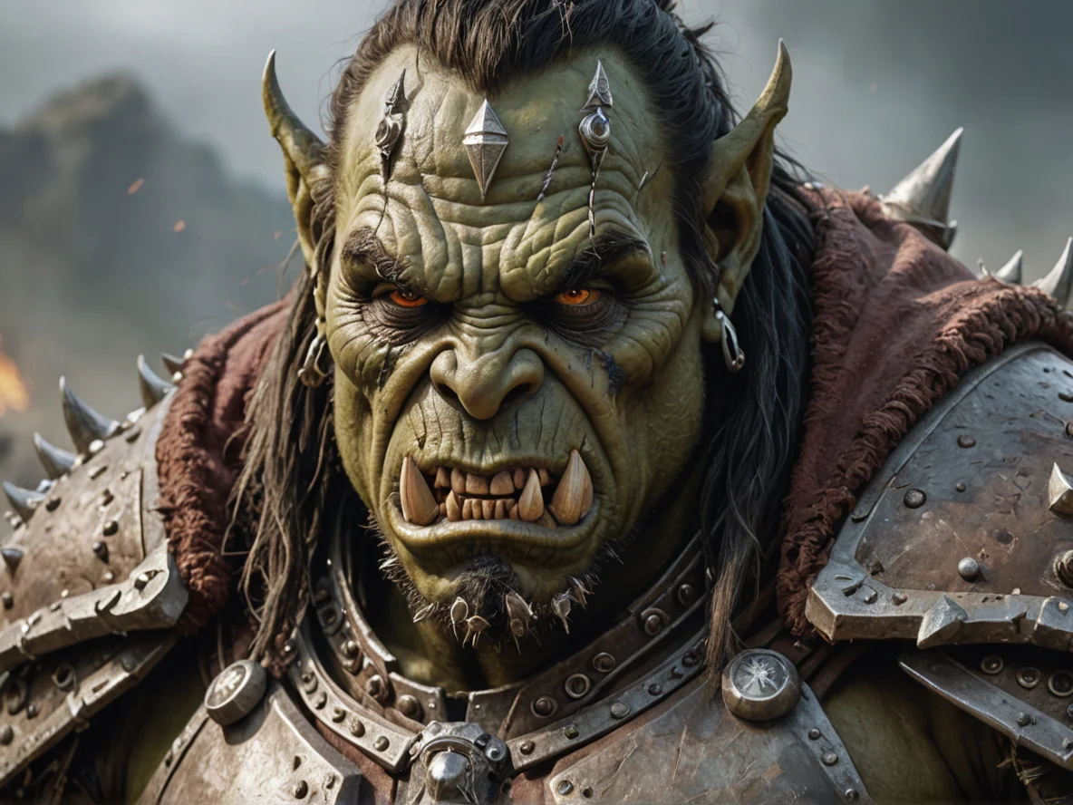Fearless (Orc:1.1), Juggernaut, A cloak stitched with hundreds of tiny metal rings, close-up portrait, ash wasteland, weak