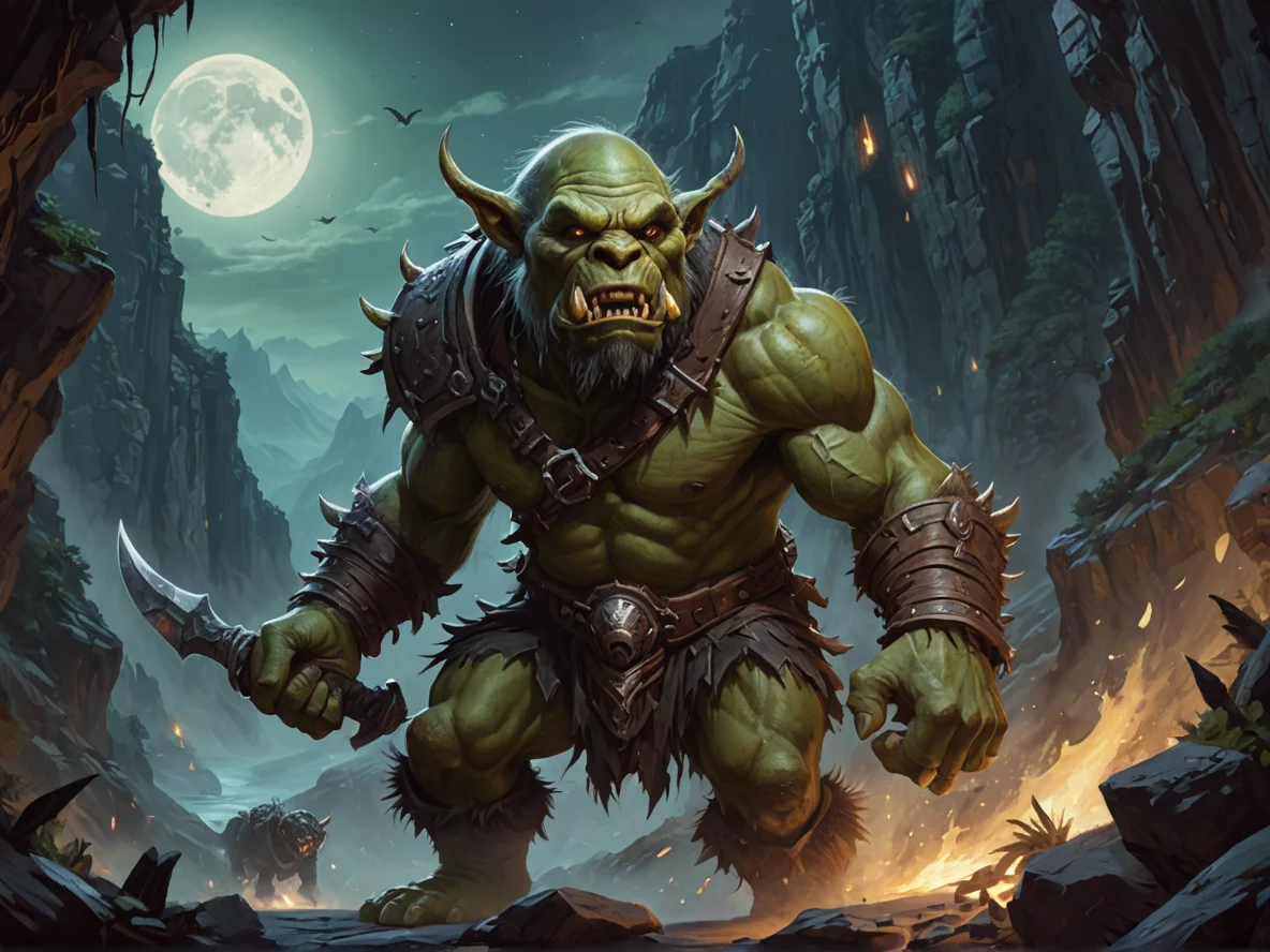 Feral (Orc:1.1), Witch, Chasing beast through moonlit canyon, waist-up shot, weak