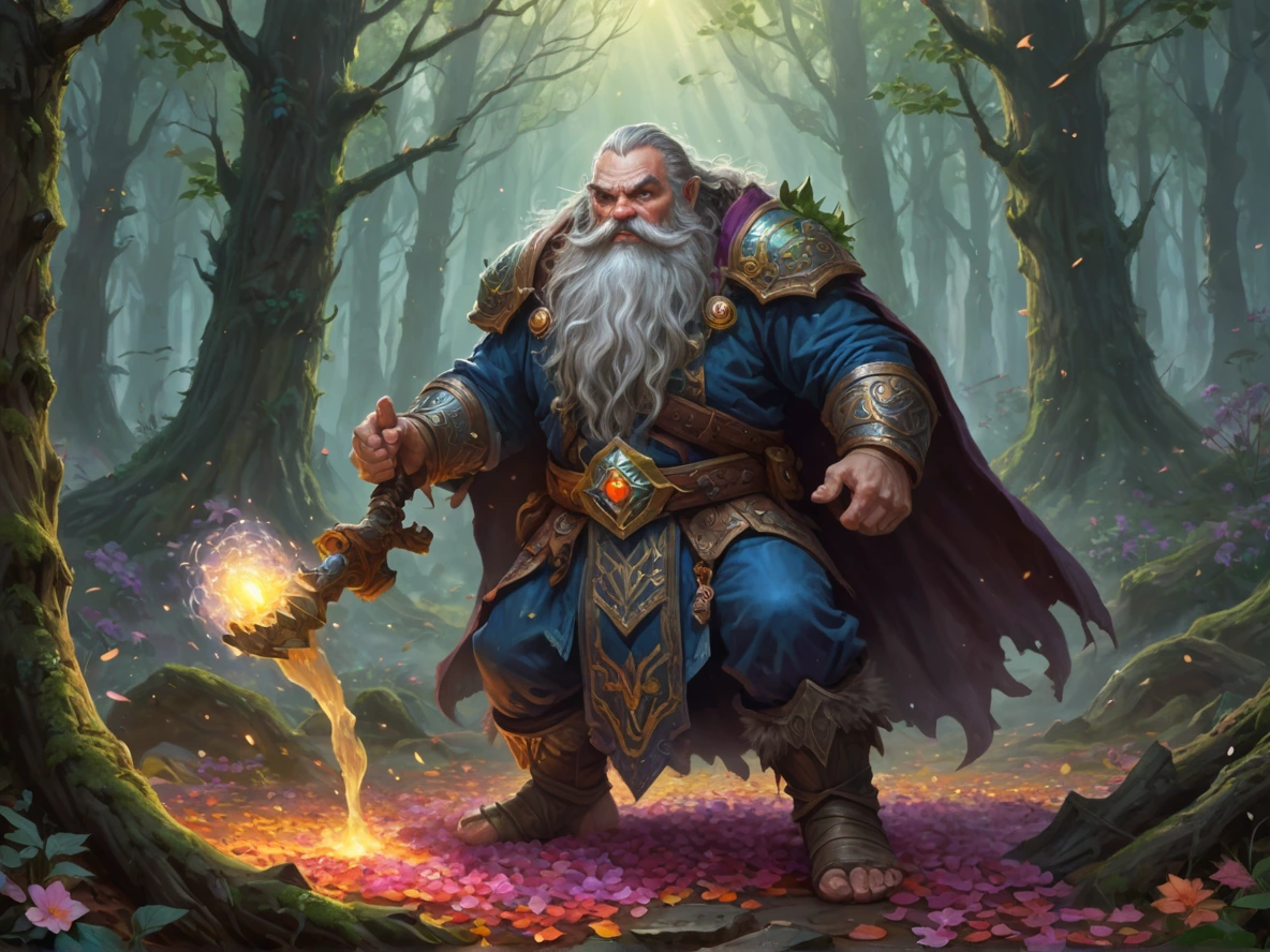 Ancient (Dwarf:1.1), Cleric, Vortex of petals around feet, close-up portrait, misty forest, enormously powerful