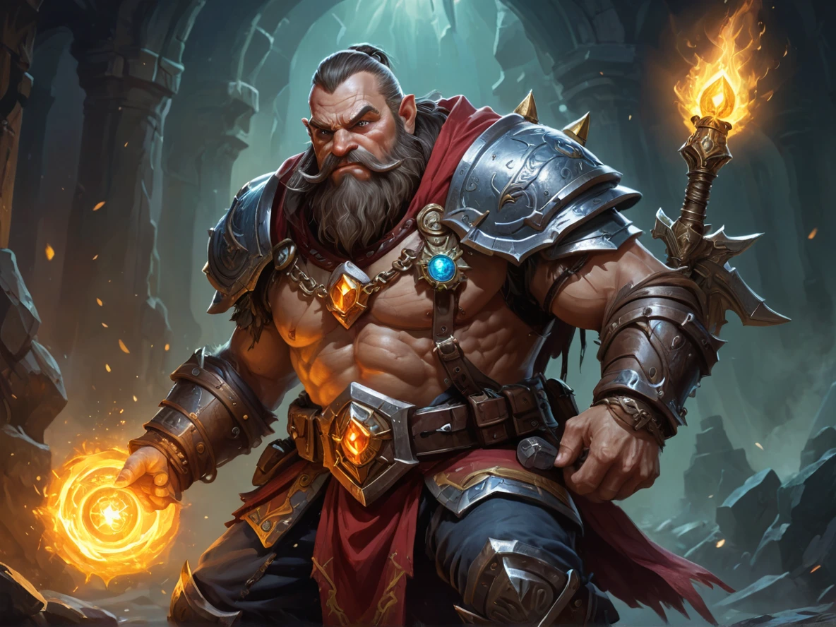 Ironclad (Dwarf:1.1), Gunslinger, Wears a glowing amulet around the neck, medium close-up, overwhelmingly powerful