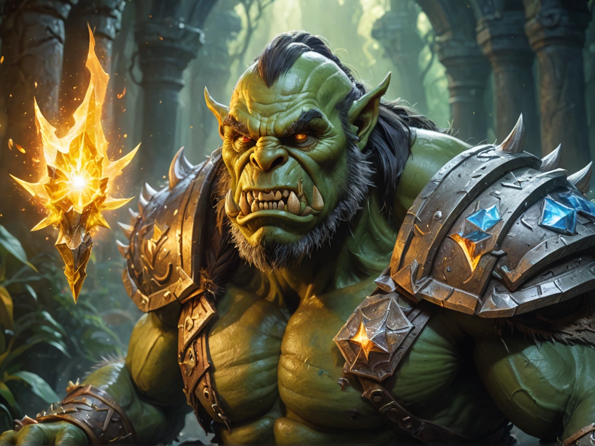 Stoic (Orc:1.1), Berserker, Shoulders sprouting clusters of small crystals, medium close-up, jungle ruins, enormously powerful