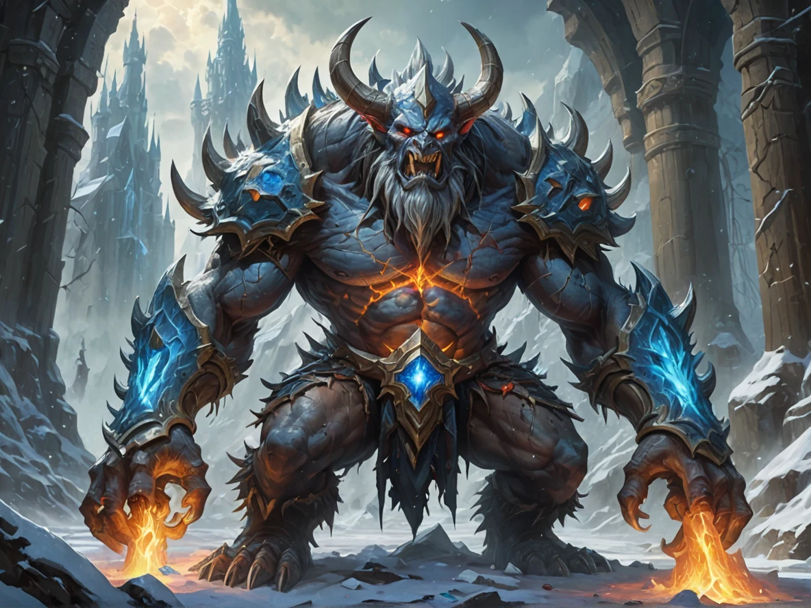 Scarred (Earth Elemental:1.1), tree-and-stone spirit, bark limbs, fine roots, Hurling frost spears atop icy spire, medium close-up, castle dungeon, very powerful