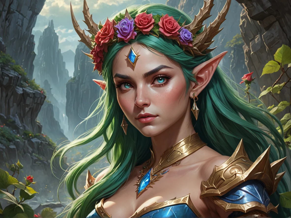 Battle-hardened (Elf:1.1), Elementalist, Crown of thorny roses, three-quarter view, rocky gorge, powerful